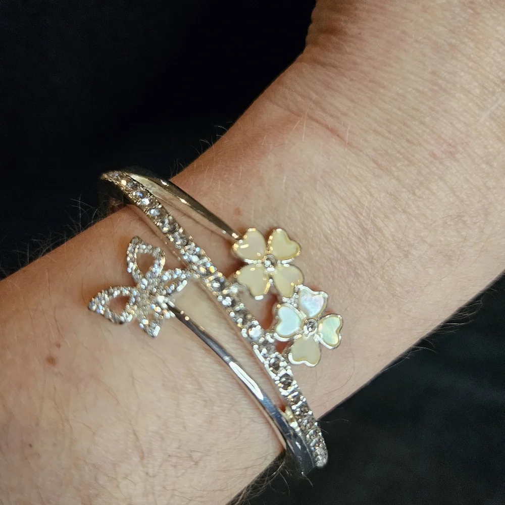 Anne Klein Silver Plated Bracelet with a Butterfly and Iridescent Flowers - Picture 2 of 5